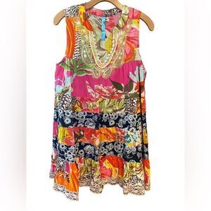 Free People Sz S Babydoll Bohemian Pink Gold Mixed Patterns Lace Glamorous Dress